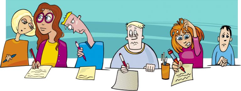 Cartoon students writing exams, expressing different emotions.